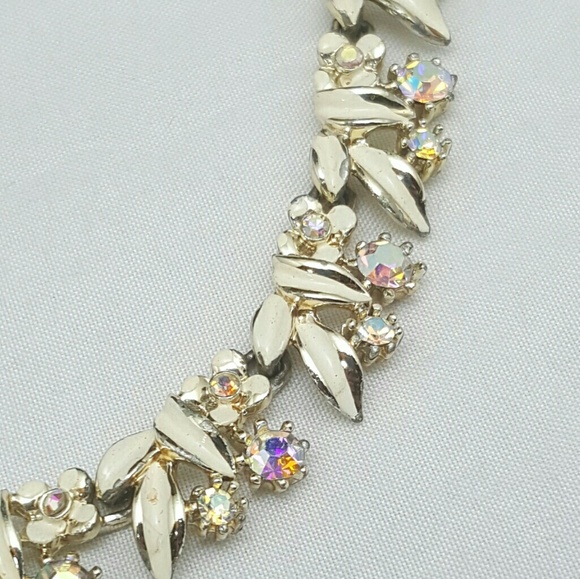Vintage Coro Floral Enamel AB Rhinestone Necklace - Picture 3 of 8